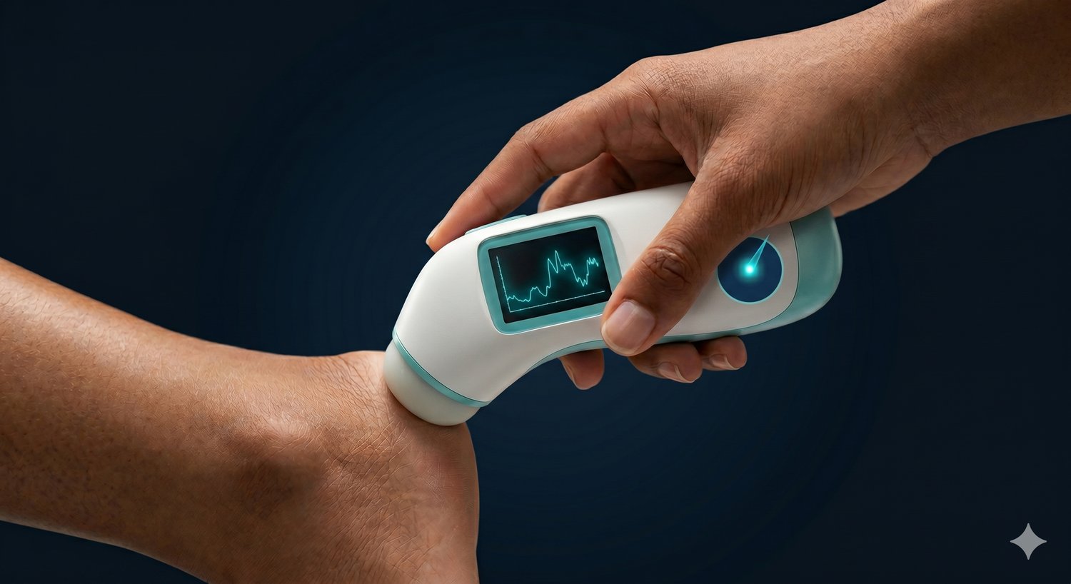Precubitus NIR-handsensor meet de weefseltoestand bij de hiel; het scherm toont het live NIR-spectrum